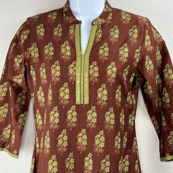 Biba Brown Floral Indian Tunic Top 100% Cotton Split V-Neck 32/US 0-2 NWT - Picture 4 of 14